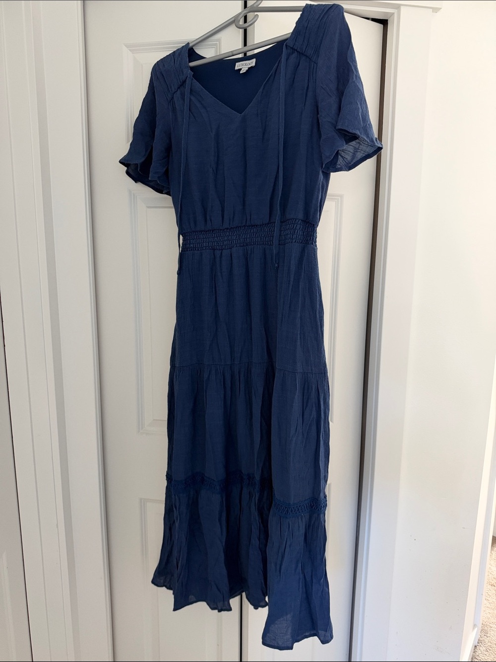 Luxology Navy Blue V‑Neck Dress with Flutter Sleeves